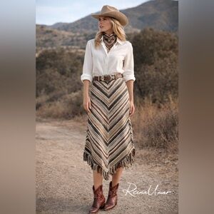 NWT Vintage MEXX 100% Linen Fringed Chevron Midi Skirt – Neutral Stripe